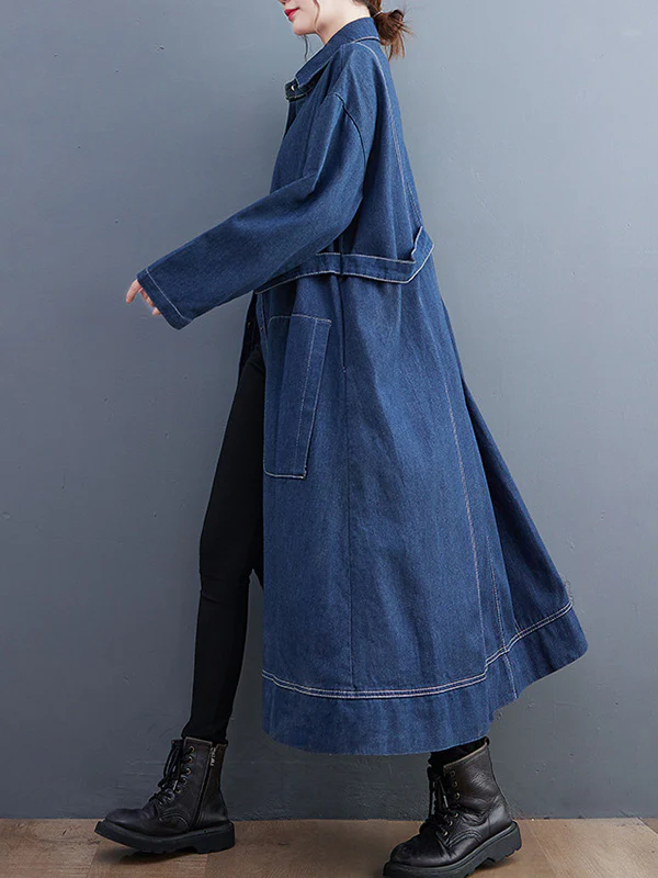 Casual Loose Long Sleeves Buttoned Lapel Collar Denim Trench Coats - Image 10