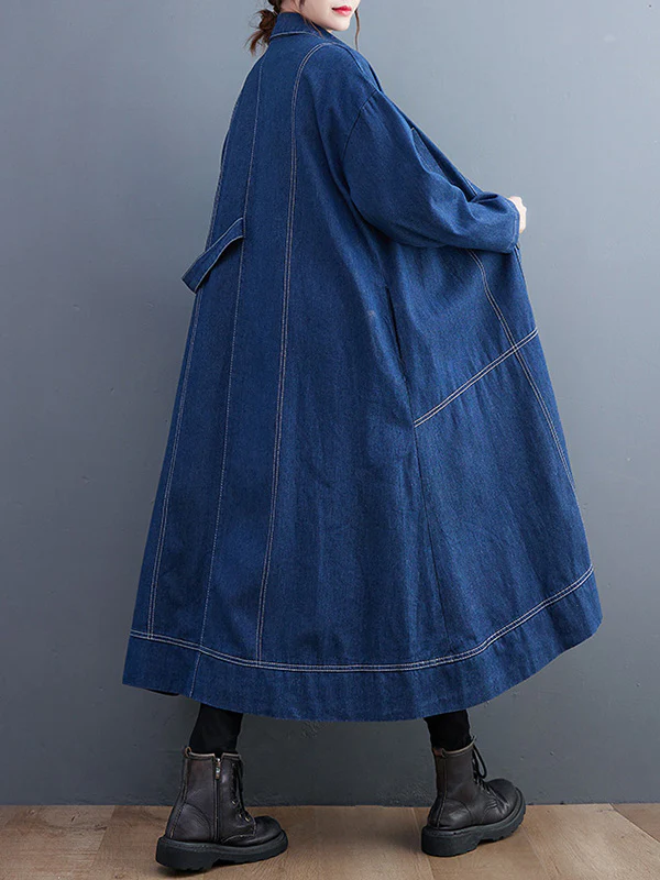 Casual Loose Long Sleeves Buttoned Lapel Collar Denim Trench Coats - Image 11