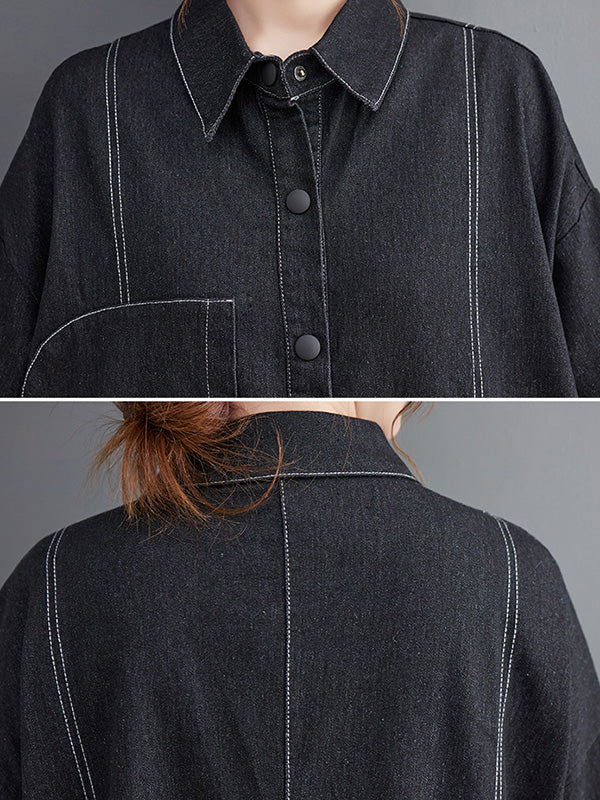 Casual Loose Long Sleeves Buttoned Lapel Collar Denim Trench Coats - Image 12