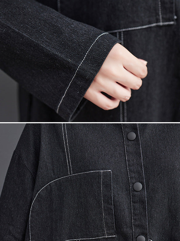 Casual Loose Long Sleeves Buttoned Lapel Collar Denim Trench Coats - Image 13