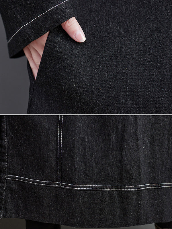 Casual Loose Long Sleeves Buttoned Lapel Collar Denim Trench Coats - Image 14