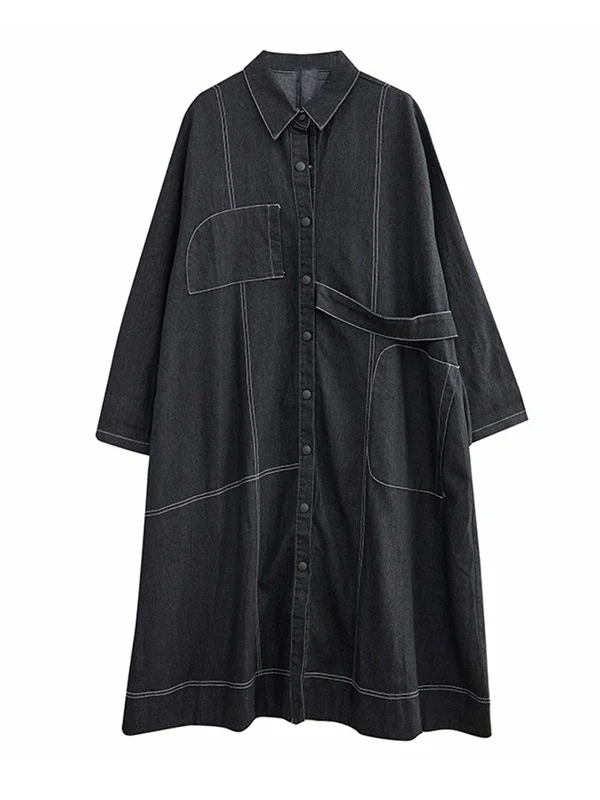 Casual Loose Long Sleeves Buttoned Lapel Collar Denim Trench Coats - Image 15