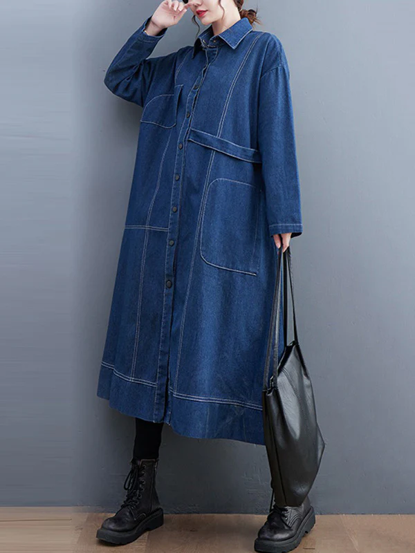 Casual Loose Long Sleeves Buttoned Lapel Collar Denim Trench Coats - Image 2