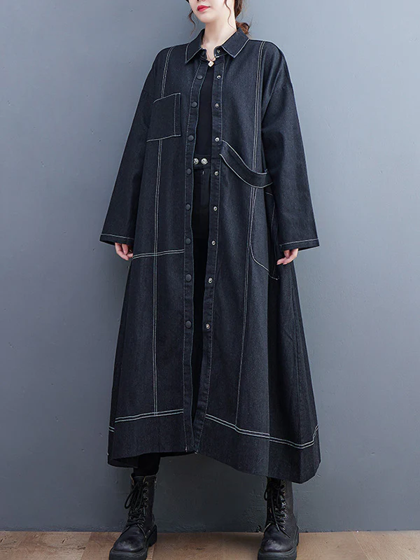 Casual Loose Long Sleeves Buttoned Lapel Collar Denim Trench Coats - Image 3