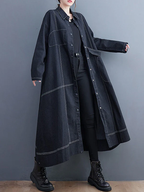 Casual Loose Long Sleeves Buttoned Lapel Collar Denim Trench Coats - Image 4
