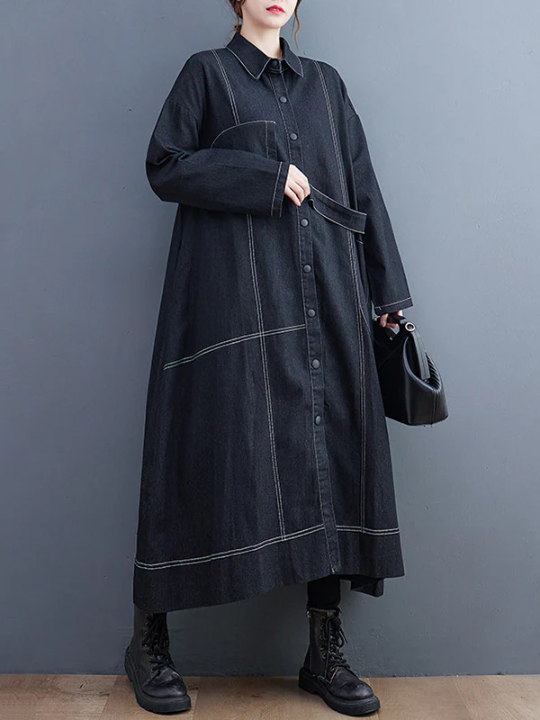 Casual Loose Long Sleeves Buttoned Lapel Collar Denim Trench Coats - Image 5