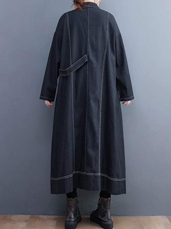 Casual Loose Long Sleeves Buttoned Lapel Collar Denim Trench Coats - Image 6