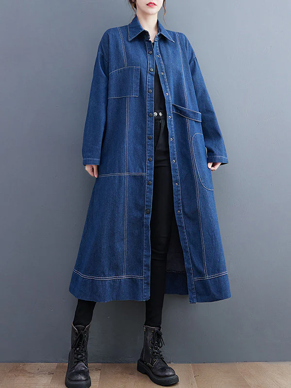 Casual Loose Long Sleeves Buttoned Lapel Collar Denim Trench Coats - Image 7