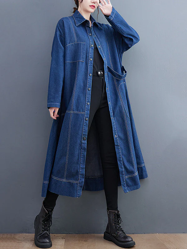 Casual Loose Long Sleeves Buttoned Lapel Collar Denim Trench Coats - Image 8