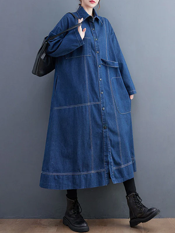 Casual Loose Long Sleeves Buttoned Lapel Collar Denim Trench Coats - Image 9