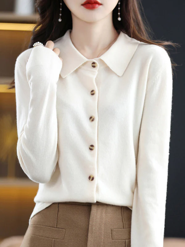 Casual Loose Long Sleeves Buttoned Solid Color Lapel Collar Cardigan Tops - Image 2