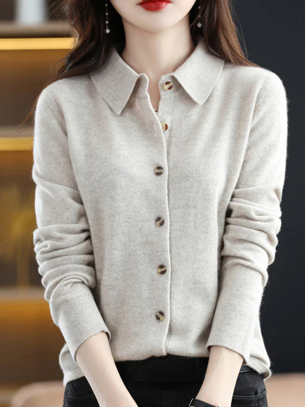 Casual Loose Long Sleeves Buttoned Solid Color Lapel Collar Cardigan Tops - Image 3