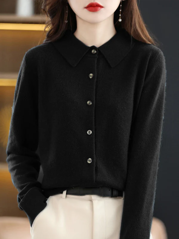 Casual Loose Long Sleeves Buttoned Solid Color Lapel Collar Cardigan Tops - Image 4