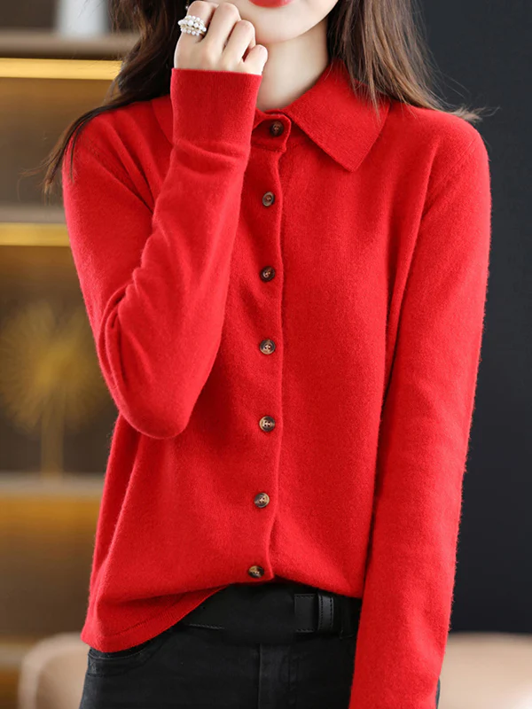 Casual Loose Long Sleeves Buttoned Solid Color Lapel Collar Cardigan Tops - Image 5