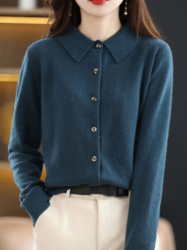 Casual Loose Long Sleeves Buttoned Solid Color Lapel Collar Cardigan Tops - Image 7