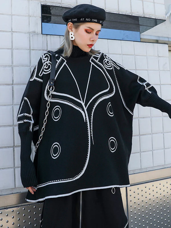 Casual Loose Long Sleeves Contrast Color Jacquard High-Neck Sweater Tops - Image 3