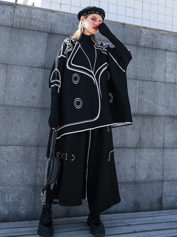 Casual Loose Long Sleeves Contrast Color Jacquard High-Neck Sweater Tops - Image 5