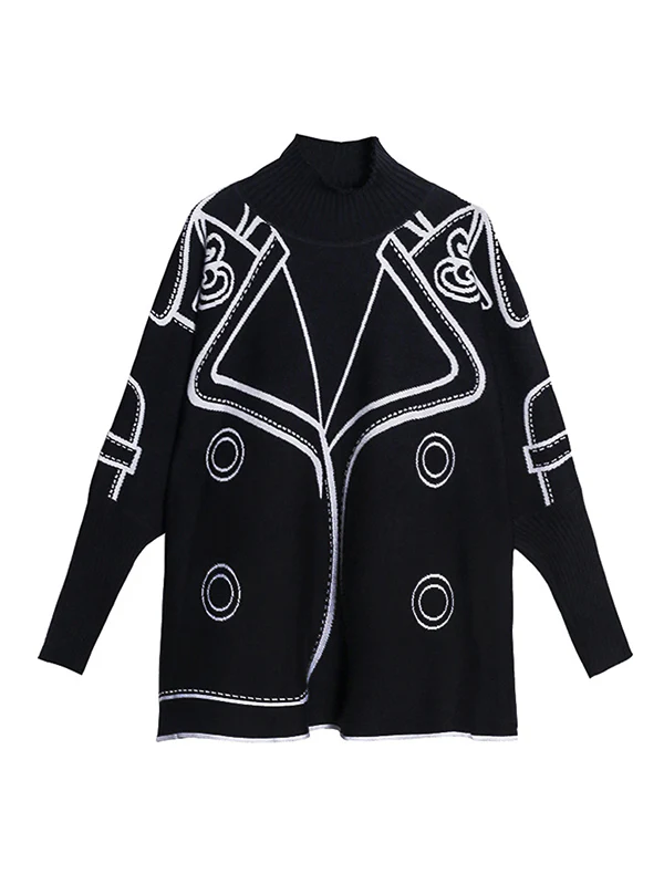 Casual Loose Long Sleeves Contrast Color Jacquard High-Neck Sweater Tops - Image 9