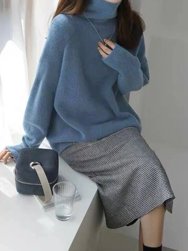 Casual Loose Long Sleeves Solid Color High-Neck Sweater Tops - Image 10