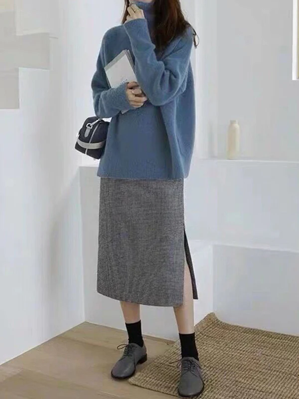 Casual Loose Long Sleeves Solid Color High-Neck Sweater Tops - Image 11