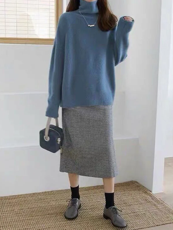Casual Loose Long Sleeves Solid Color High-Neck Sweater Tops - Image 12