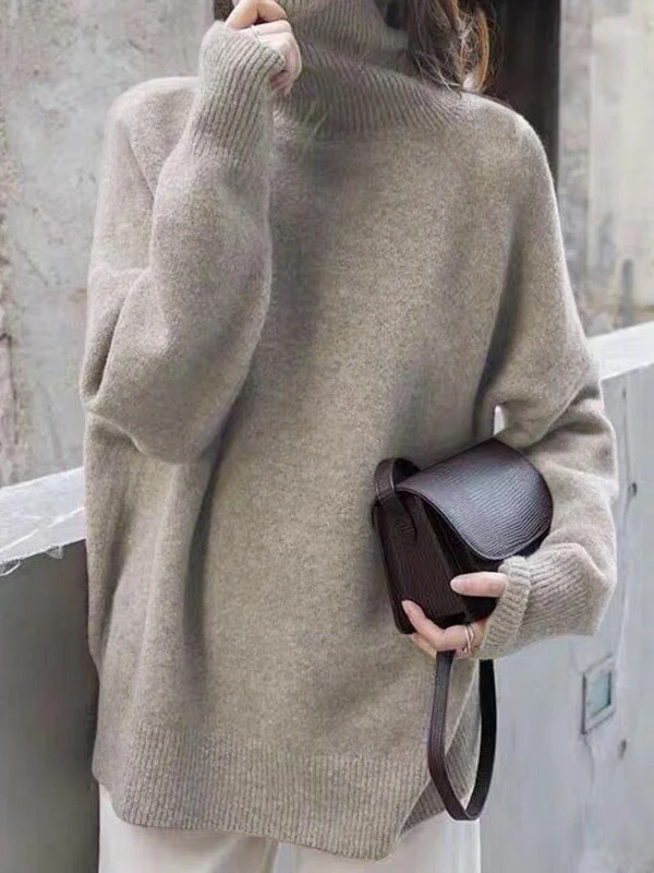 Casual Loose Long Sleeves Solid Color High-Neck Sweater Tops - Image 2