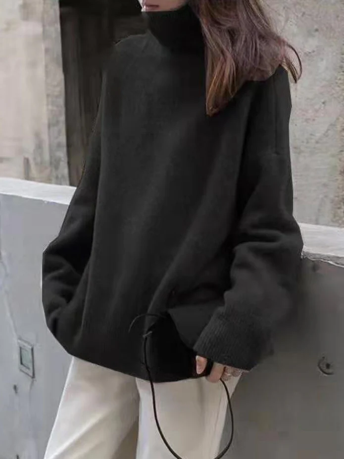 Casual Loose Long Sleeves Solid Color High-Neck Sweater Tops - Image 3