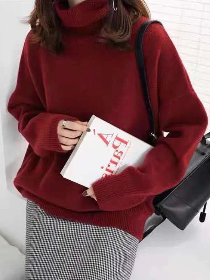 Casual Loose Long Sleeves Solid Color High-Neck Sweater Tops - Image 4