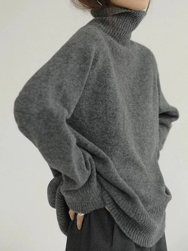 Casual Loose Long Sleeves Solid Color High-Neck Sweater Tops - Image 5