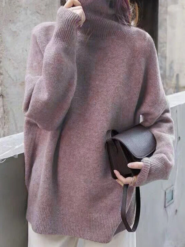 Casual Loose Long Sleeves Solid Color High-Neck Sweater Tops - Image 6