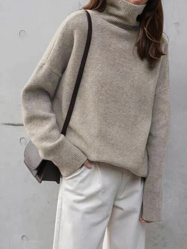 Casual Loose Long Sleeves Solid Color High-Neck Sweater Tops - Image 7