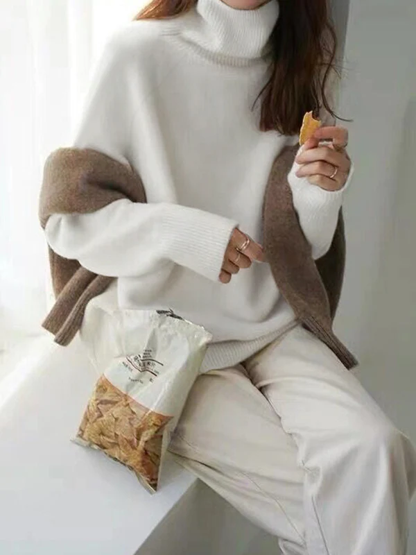 Casual Loose Long Sleeves Solid Color High-Neck Sweater Tops - Image 8
