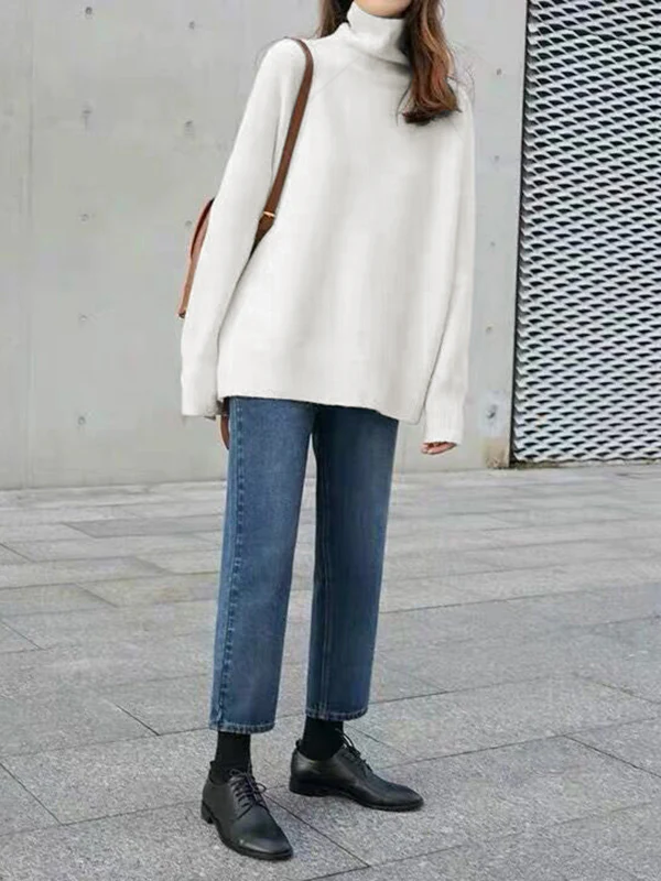 Casual Loose Long Sleeves Solid Color High-Neck Sweater Tops - Image 9