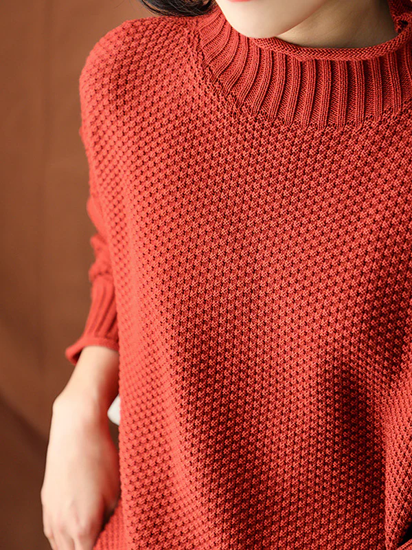 Casual Loose Long Sleeves Solid Color High-Neck Sweater Tops - Image 10