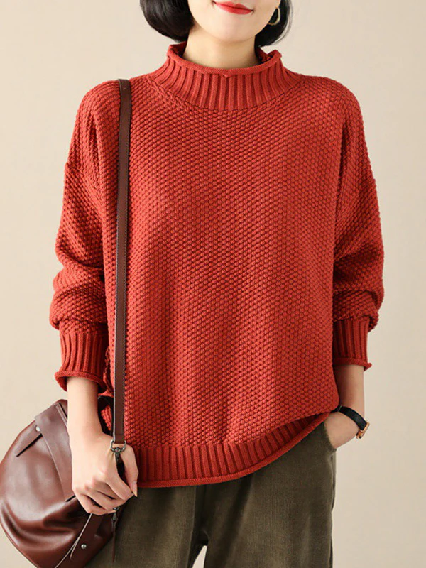 Casual Loose Long Sleeves Solid Color High-Neck Sweater Tops - Image 2