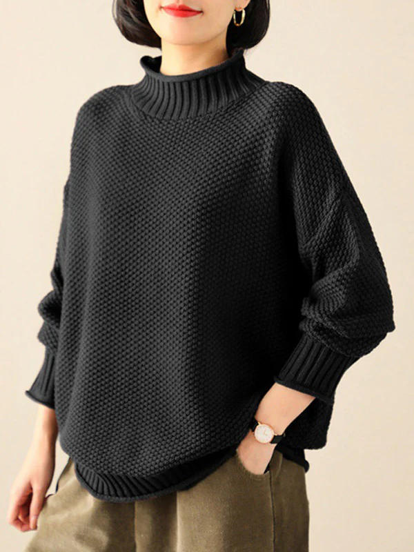 Casual Loose Long Sleeves Solid Color High-Neck Sweater Tops - Image 3