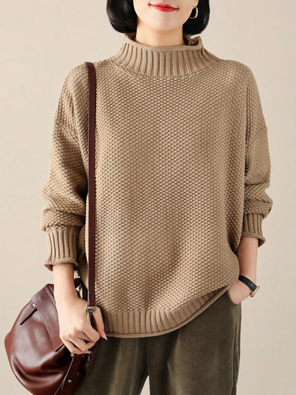 Casual Loose Long Sleeves Solid Color High-Neck Sweater Tops - Image 4