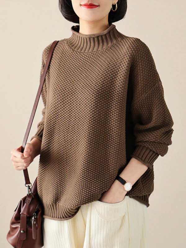 Casual Loose Long Sleeves Solid Color High-Neck Sweater Tops - Image 5