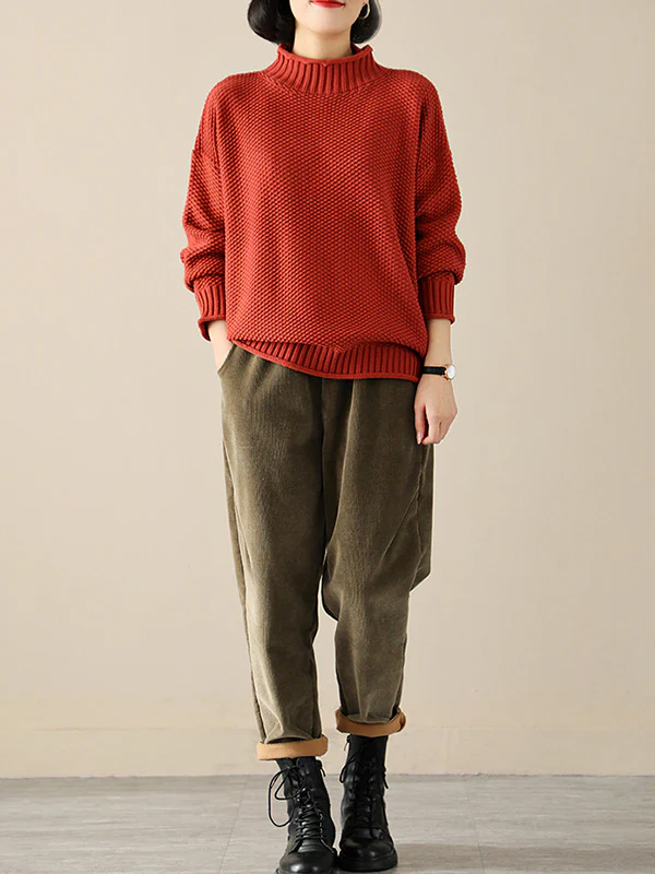 Casual Loose Long Sleeves Solid Color High-Neck Sweater Tops - Image 6