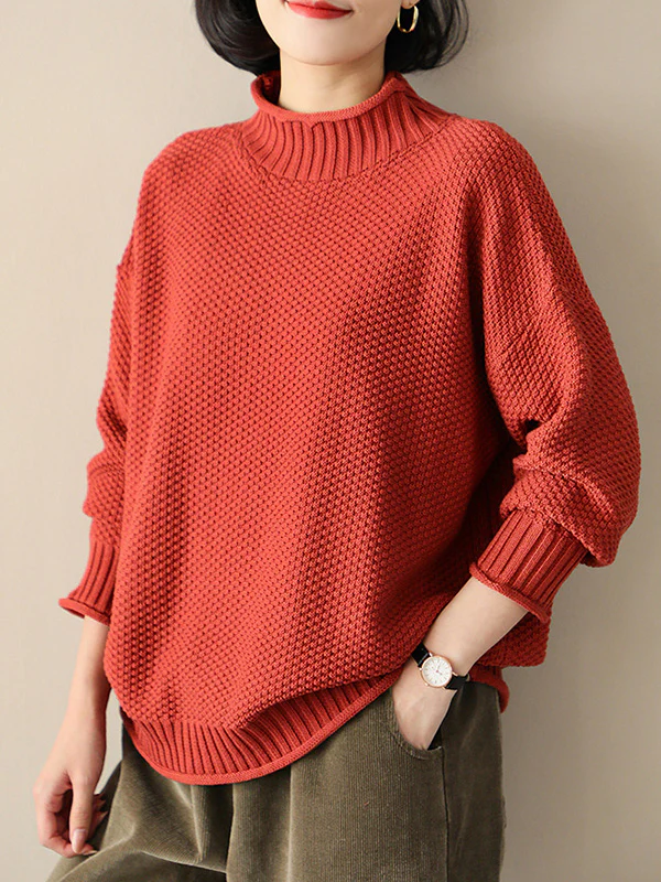 Casual Loose Long Sleeves Solid Color High-Neck Sweater Tops - Image 7
