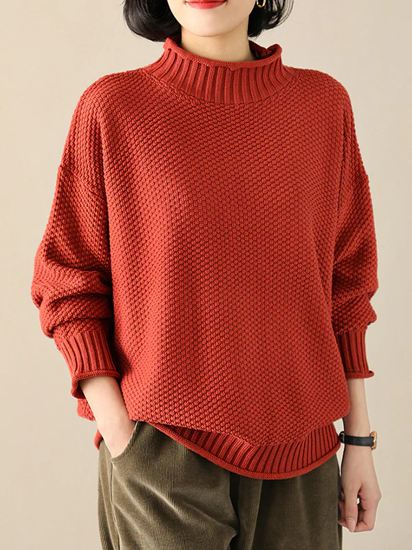 Casual Loose Long Sleeves Solid Color High-Neck Sweater Tops - Image 8