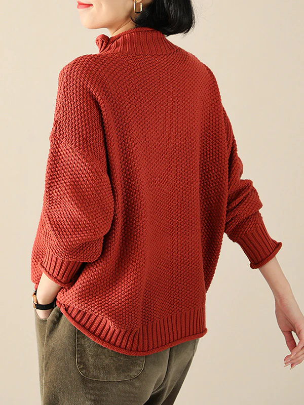 Casual Loose Long Sleeves Solid Color High-Neck Sweater Tops - Image 9