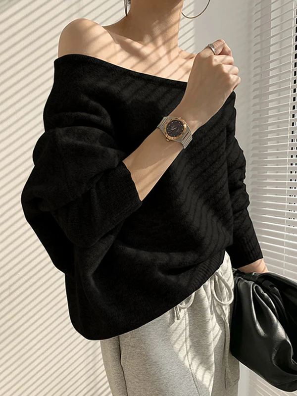 Casual Loose Long Sleeves Solid Color Off-The-Shoulder Sweater Tops - Image 2