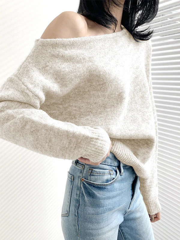 Casual Loose Long Sleeves Solid Color Off-The-Shoulder Sweater Tops - Image 3