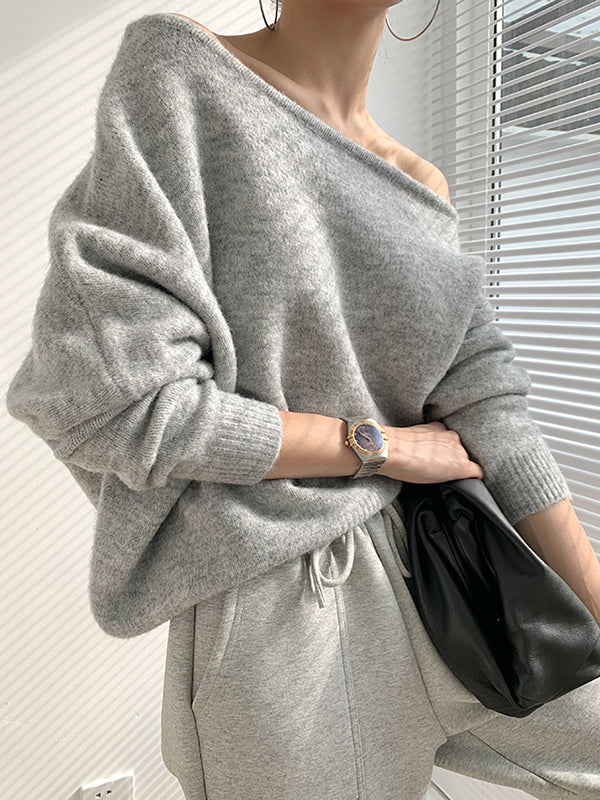 Casual Loose Long Sleeves Solid Color Off-The-Shoulder Sweater Tops - Image 4