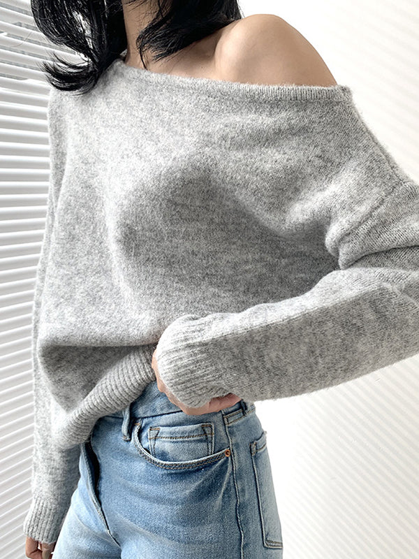 Casual Loose Long Sleeves Solid Color Off-The-Shoulder Sweater Tops - Image 5