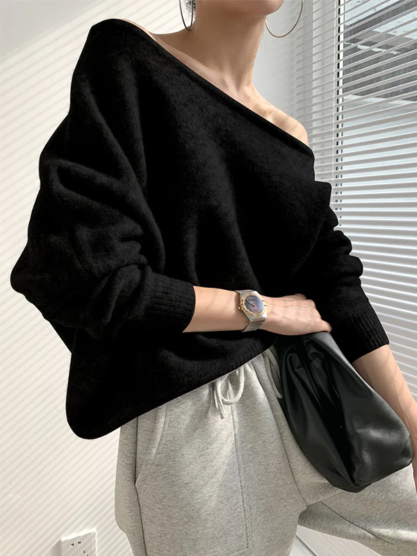 Casual Loose Long Sleeves Solid Color Off-The-Shoulder Sweater Tops - Image 6