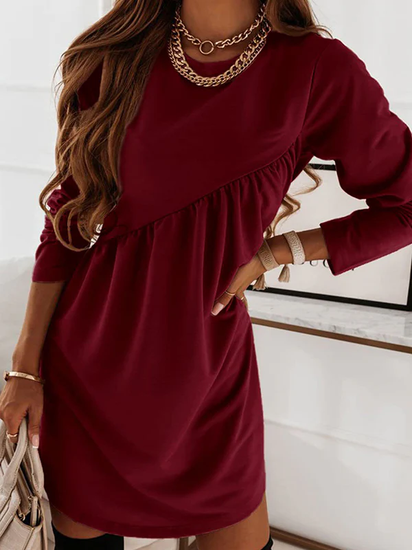 Casual Loose Long Sleeves Solid Color Round-Neck Mini Dresses - Image 9