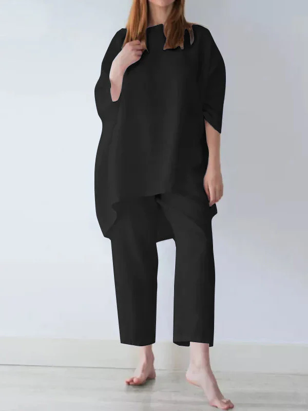 Casual Loose Long Sleeves Solid Color T-Shirt Top&Pants Two Pieces Set - Image 2