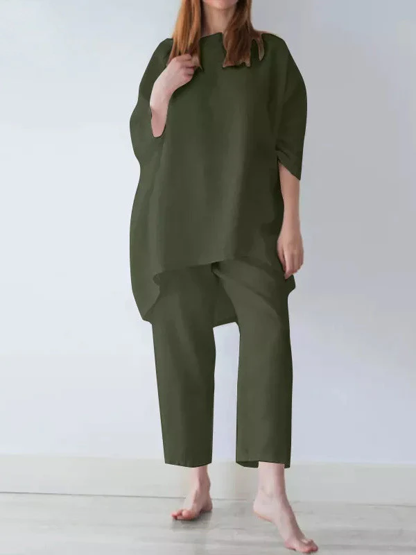 Casual Loose Long Sleeves Solid Color T-Shirt Top&Pants Two Pieces Set - Image 3
